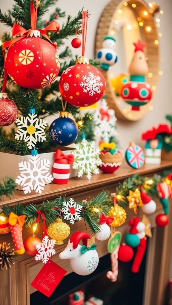 Colorful DIY cardboard Christmas decorations including ornaments and garlands displayed on a tree and mantel.